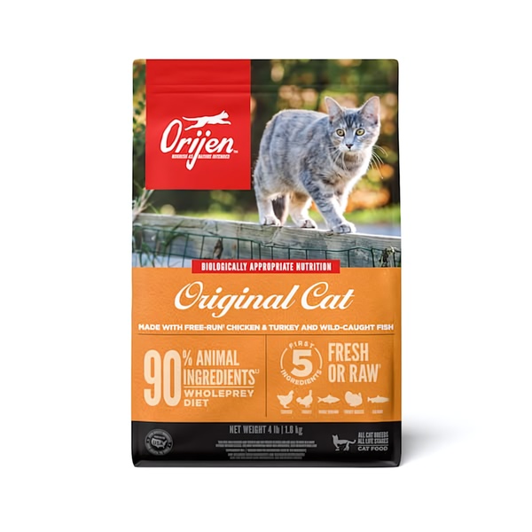 A clean, studio-lit, product-centric ad creative for cat food that highlights ingredients and brand quality through a bold red brand block.